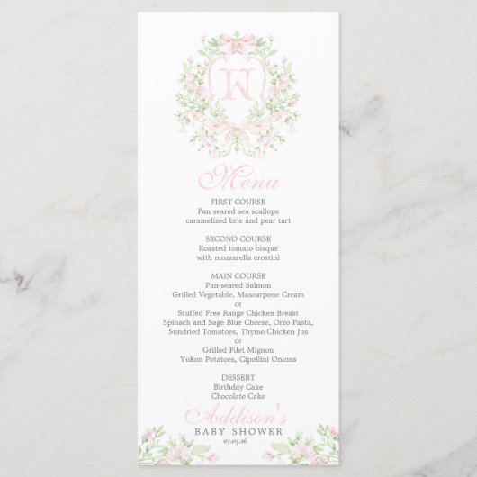 Preppy Crest Creatief Menu voor Baby Shower (Voorkant)
