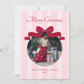 Preppy Cute Bow Striped Photo Christmas Feestdagenkaart (Voorkant)