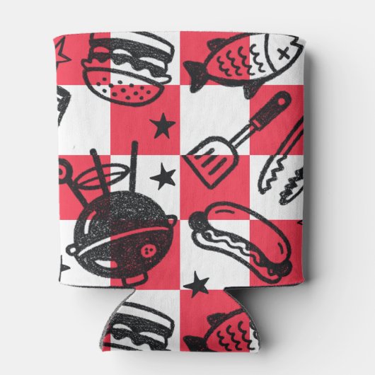 Preppy Dad Grilling Pattern – BBQ Doodles (Check) Blikjeskoeler (Achterkant)