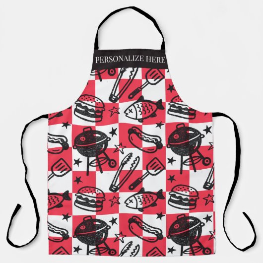 Preppy Dad Grilling Pattern – BBQ Doodles (Check) Schort (Voorkant)
