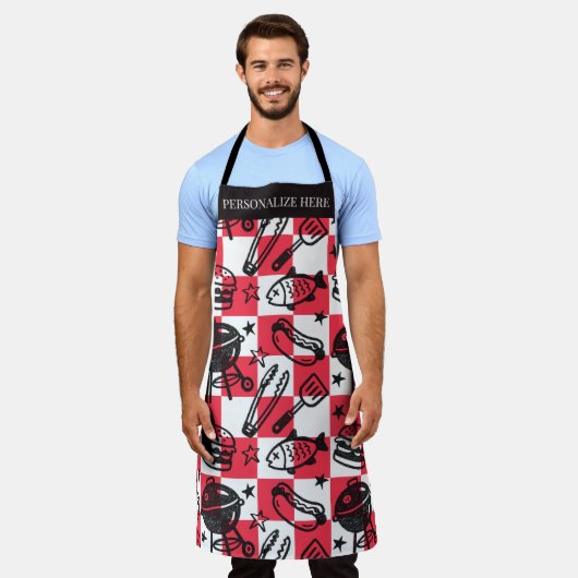 Preppy Dad Grilling Pattern – BBQ Doodles (Check) Schort (Gedragen)
