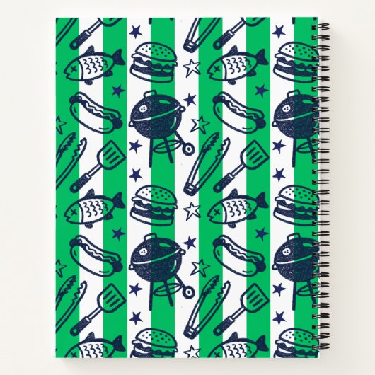 Preppy Dad Grilling Pattern – BBQ Doodles (Stripe) Notitieboek (Achterkant)