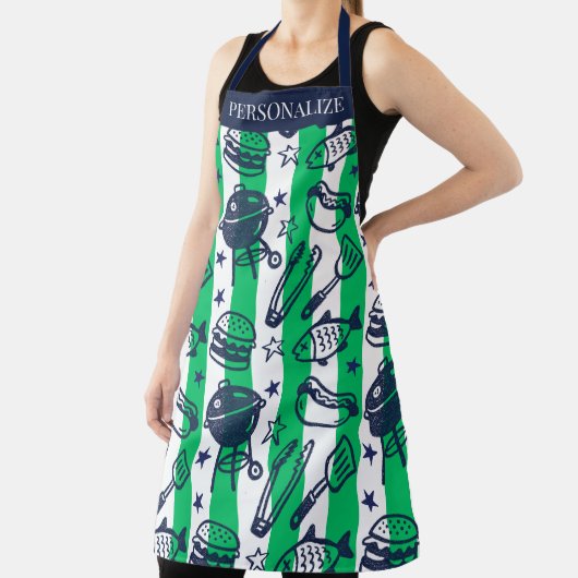 Preppy Dad Grilling Pattern – BBQ Doodles (Stripe) Schort (Insitu)