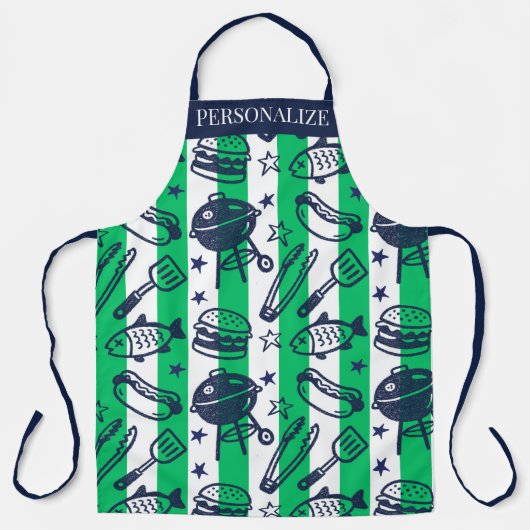 Preppy Dad Grilling Pattern – BBQ Doodles (Stripe) Schort (Voorkant)