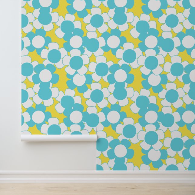 Preppy Daisy Allover Bloem – Geel & Turkoois Behang (Applicatie)
