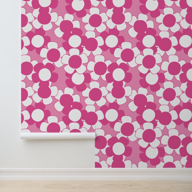 Preppy Daisy Allover Bloom – Heet Roze & Roze Behang (Applicatie)