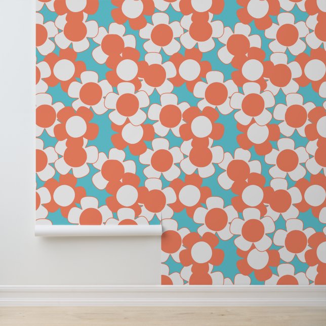 Preppy Daisy Allover Bloom – Koraal & Turkoois Behang (Applicatie)