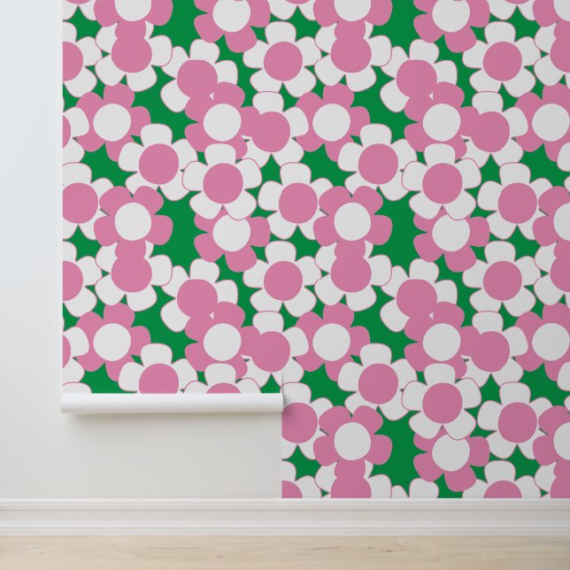 Preppy Daisy Allover Bloom – Roze & Groen Behang (Applicatie)
