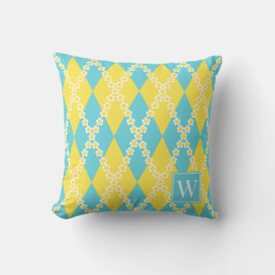 Preppy Daisy Argyle – Geel & Turkoois Monogram Kussen