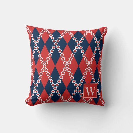 Preppy Daisy Argyle – Rood Wit & Marine Monogram Kussen (Voorkant)