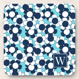 Preppy Daisy Bloem - Turquoise & Marineblauw Monog Bier Onderzetter