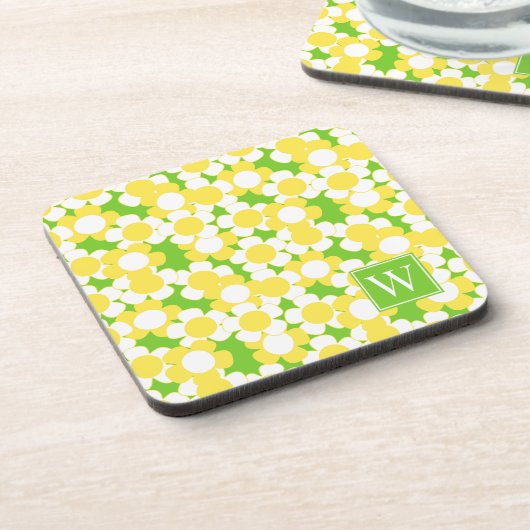 Preppy Daisy Bloom – Geel & Limoen Monogram Bier Onderzetter (Linkerzijde)