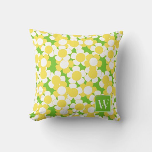 Preppy Daisy Bloom – Geel & Limoen Monogram Kussen (Voorkant)
