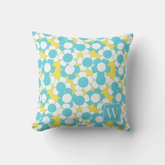 Preppy Daisy Bloom – Geel & Turquoise Monogram Kussen (Voorkant)