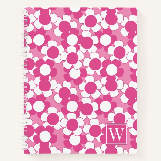 Preppy Daisy Bloom – Heet Roze & Roze Monogram Notitieboek (Voorkant)