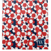 Preppy Daisy Bloom – Rode Wit & Navy Monogram Douchegordijn (Voorkant)