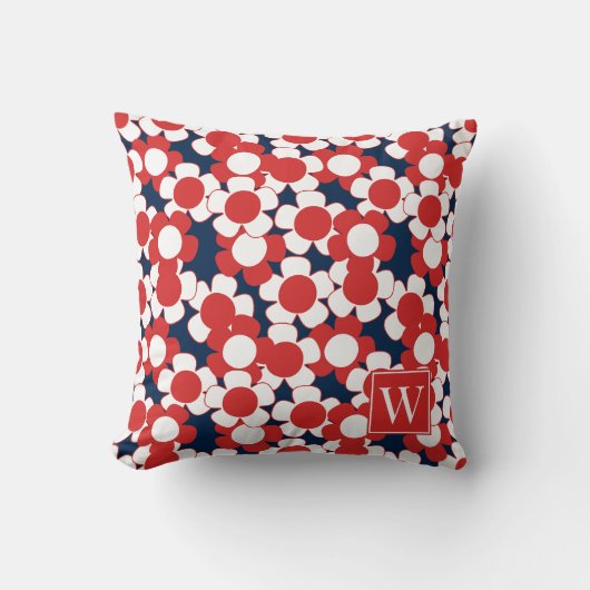 Preppy Daisy Bloom – Rode Witte & Marineblauwe Mon Kussen (Voorkant)