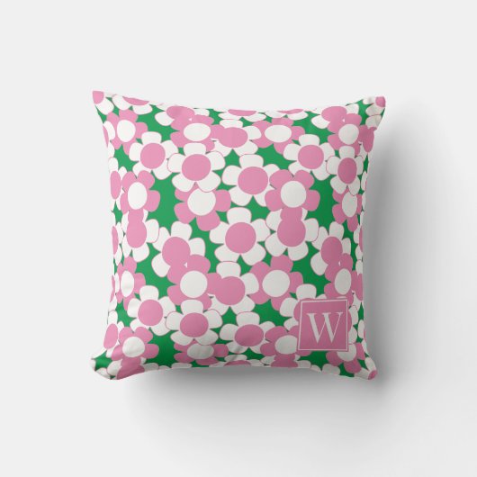 Preppy Daisy Bloom – Roze & Groene Monogram Kussen (Voorkant)