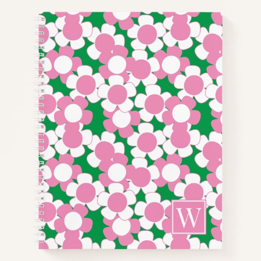Preppy Daisy Bloom – Roze & Groene Monogram Notitieboek (Voorkant)