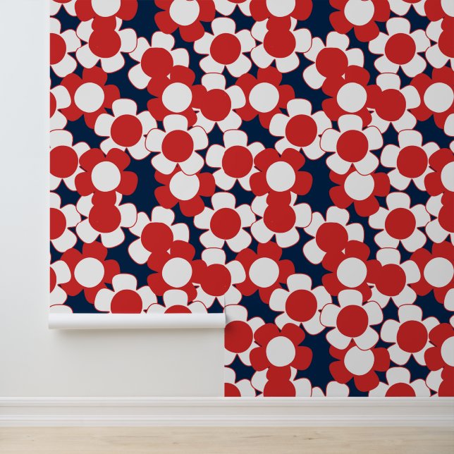 Preppy Daisy Overal Bloem - Rood Wit & Marineblauw Behang (Applicatie)