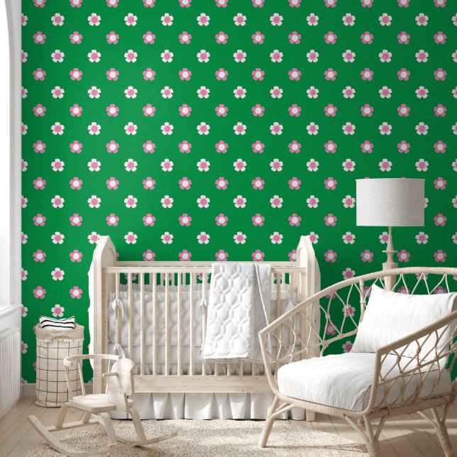 Preppy Daisy Scatter Field – Roze & Groen Behang (Kinderen)