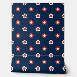 Preppy Daisy Strooiveld – Rood Wit & Marineblauw Behang