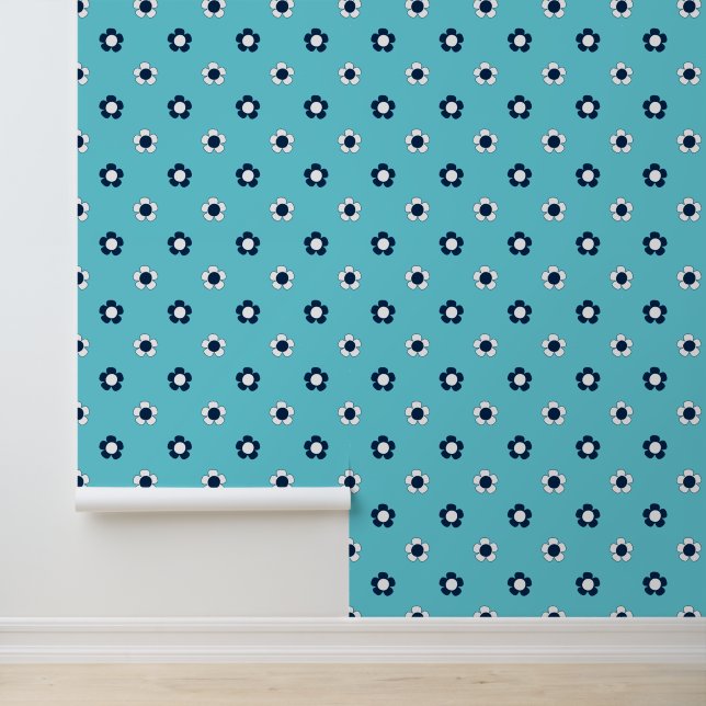 Preppy Daisy Strooiveld – Turquoise & Marineblauw Behang (Applicatie)