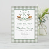 Preppy Deer Gingham Crest Baby shower Uitnodiging (Staand voorkant)