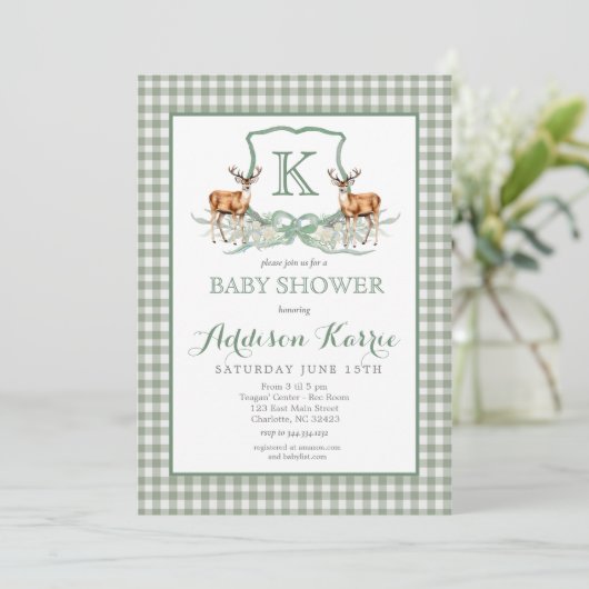 Preppy Deer Gingham Crest Baby shower Uitnodiging (Staand voorkant)