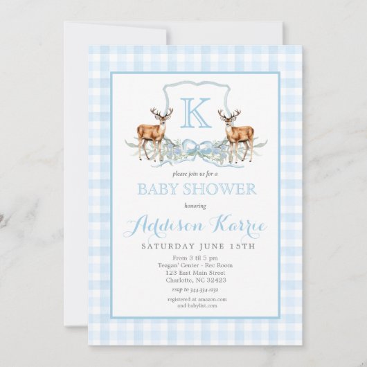 Preppy Deer Gingham Crest Baby shower Uitnodiging (Voorkant)