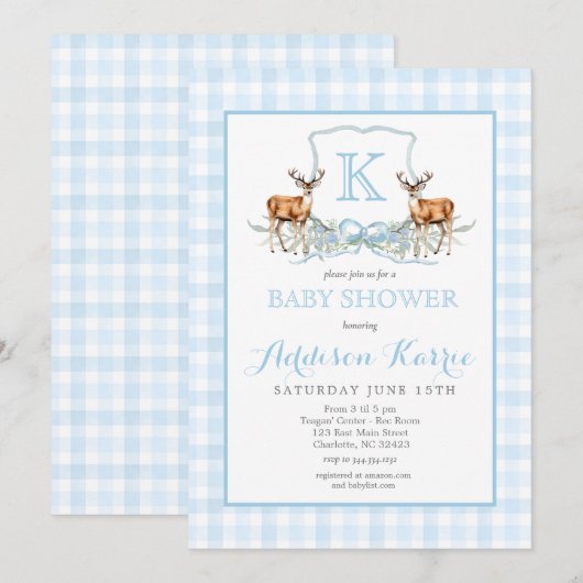 Preppy Deer Gingham Crest Baby shower Uitnodiging (Voorkant / Achterkant)