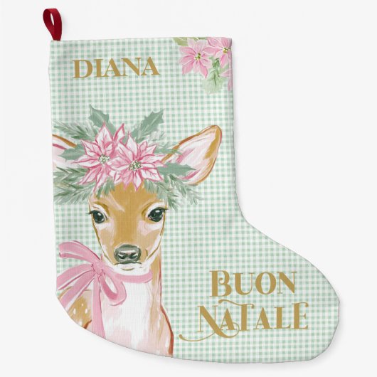 Preppy Deer & Green Gingham Buon Natale Grote Kerstsok (Voorkant)