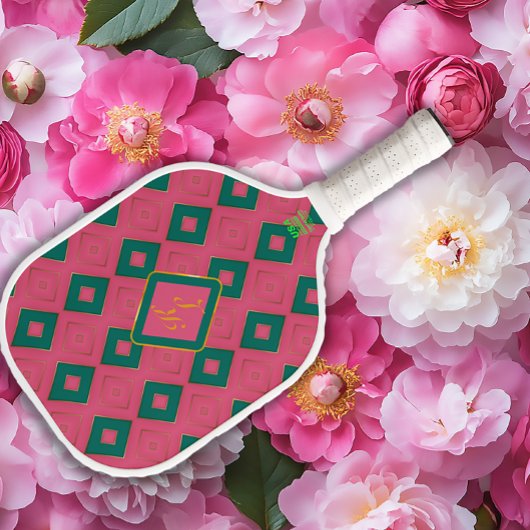 Preppy Diamond Design Roze en Groen Monogrammed Pickleball Paddle