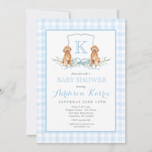 Preppy Dog Gingham Crest Baby shower uitnodiging (Voorkant)