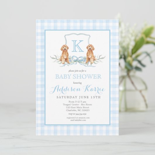Preppy Dog Gingham Crest Baby shower uitnodiging (Staand voorkant)
