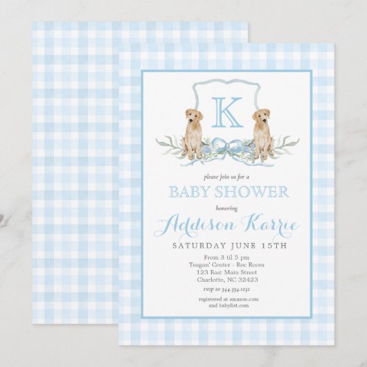 Preppy Dog Gingham Crest Baby shower uitnodiging (Voorkant / Achterkant)
