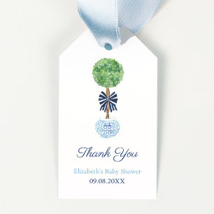 Preppy Donkerblauw Bow Boxwood Topiary Baby shower Cadeaulabel