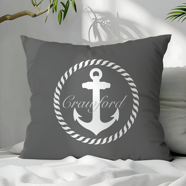 Preppy donkergrijs & wit nautisch anker monogram kussen (Creator heeft geüpload)
