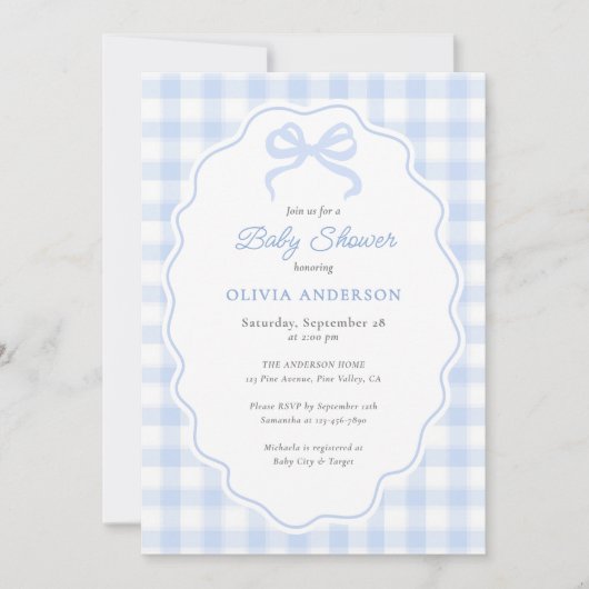 Preppy Doodle Frame Blue Gingham & Bow Baby Shower Kaart (Voorkant)