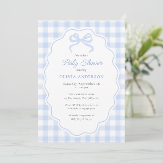 Preppy Doodle Frame Blue Gingham & Bow Baby Shower Kaart (Staand voorkant)