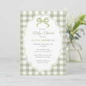 Preppy Doodle Frame Green Gingham Bow Baby Shower Kaart (Staand voorkant)