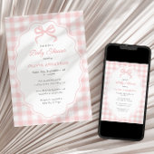 Preppy Doodle Frame Pink Gingham & Bow Baby Shower Kaart