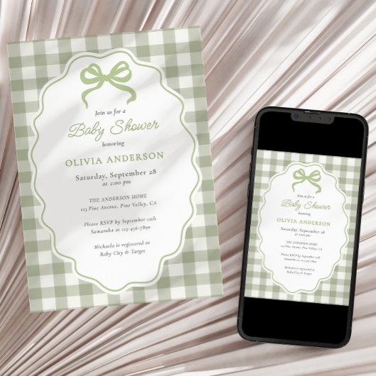 Preppy Doodle Lijstje Groene Gingham Strik Baby Sh Kaart
