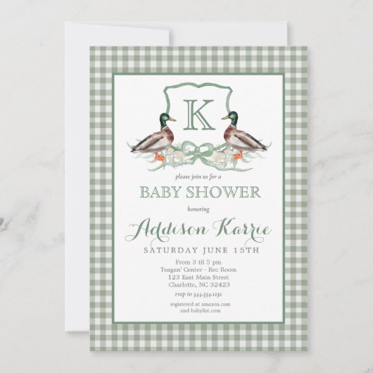 Preppy Duck Gingham Crest Baby shower uitnodiging (Voorkant)