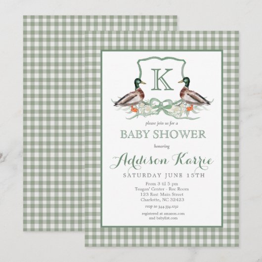 Preppy Duck Gingham Crest Baby shower uitnodiging (Voorkant / Achterkant)