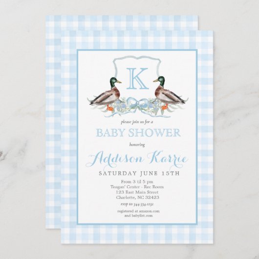 Preppy Duck Gingham Crest Baby shower uitnodiging (Voorkant / Achterkant)