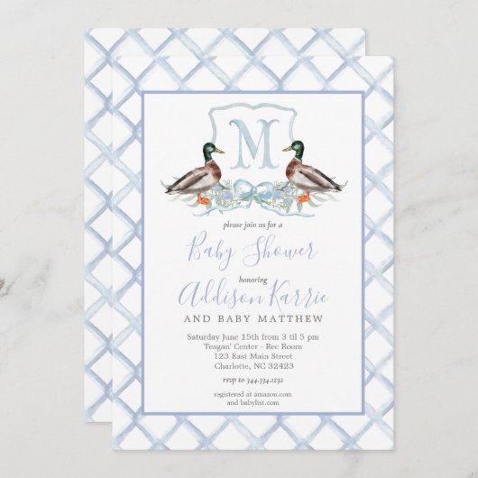 Preppy Duck Gingham Crest Baby shower uitnodiging (Voorkant / Achterkant)