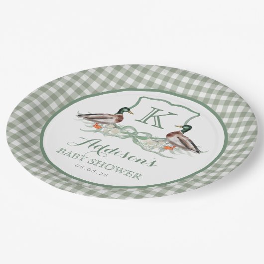 Preppy Duck Gingham Crest Baby shower uitnodiging Papieren Bordje (Gekanteld)