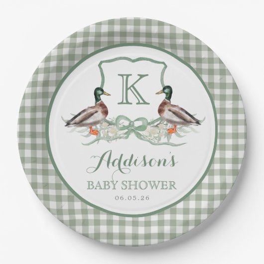 Preppy Duck Gingham Crest Baby shower uitnodiging Papieren Bordje (Voorkant)