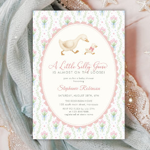 Preppy Dwaze Gans Roze Grandmillennial Baby Shower Kaart